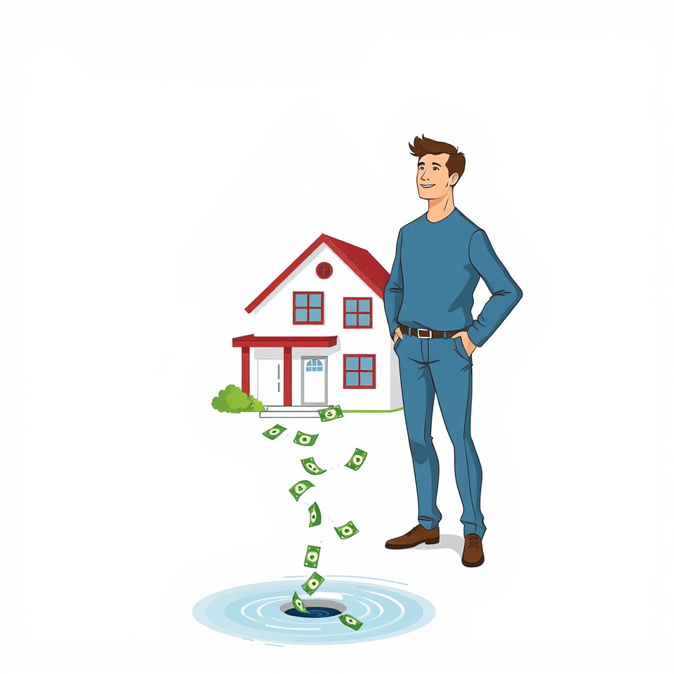 Here is the image depicting a man next to a residential home in a teardrop shape, with cash flowing out of his pockets, symbolizing wasted money on plumbing myths, as it goes down the drain. The correct tools